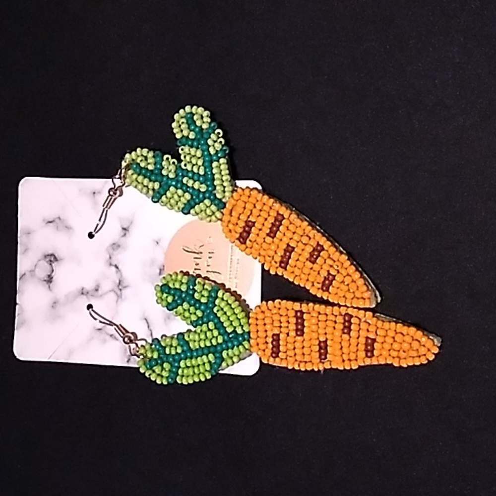 Easter beaded Earrings hypoallergenic carrots green & orange 3 x 3/4 inches - Picture 1 of 5